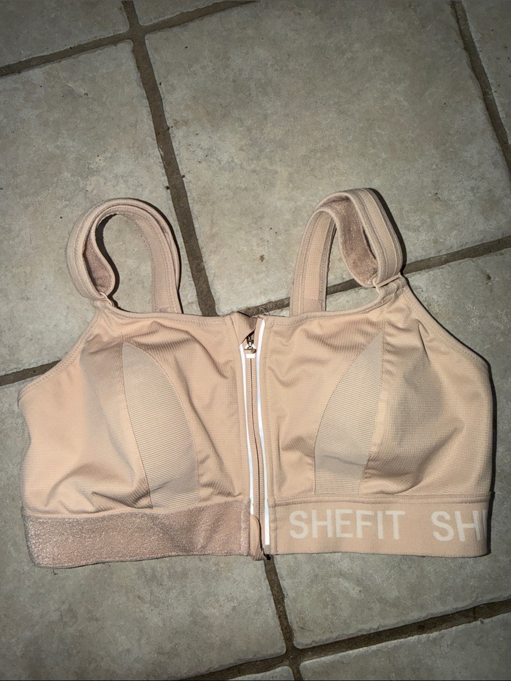 SHEFIT Front-Zip High Support Sports Bra in Nude/Beige